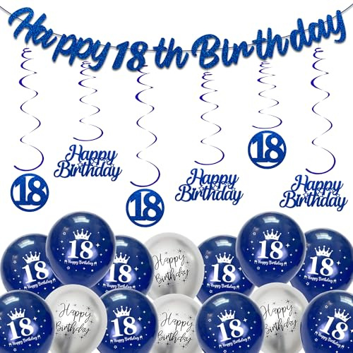 batnite Deko 18 Geburtstag für Junge - Blau Silber Happy 18 Birthday Banner und Spiralen Hängedeko, Konfetti Luftballon Hängende Wirbel für 18. Geburtstagsdeko