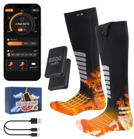 Qoosea Calze Riscaldanti per Uomo & Donna 8500mAh Ricaricabili Elettriche con Controllo APP & Pulsante 4 Impostazioni Temperatura Lavabile in Lavatrice per Sci Camping Escursionismo Pesca Inverno(M)