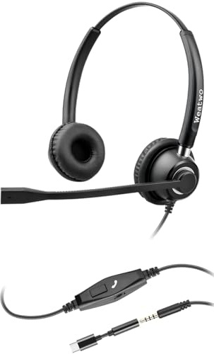 Weatwo USB-C/3.5mm Jack 2-in-1 PC Headset with Noise Canceling Mic | Stereo Headsets with In-Line Control for Teams, Business, Skype, Zoom, Home Office - Black