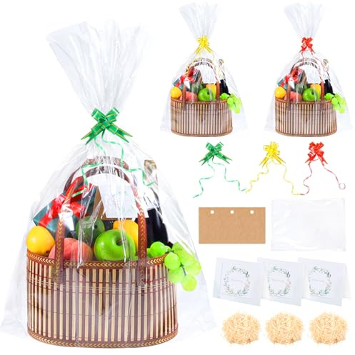 BAIEGOED 3pcs Empty Hamper Basket Gift Set - Small & Medium Wicker Boxes with Cellophane Bags, DIY Christmas & Easter Hampers Wrapping Kit to Make Your Own Gift Baskets Kit, Brown