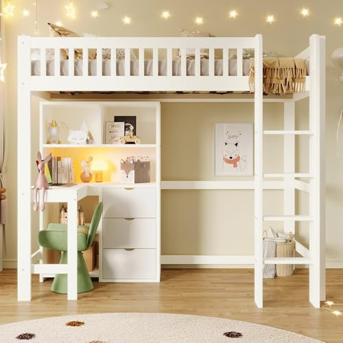 Merax Hochbett 90×200 cm mit Schreibtisch, 3 Schubladen & Ablagefächern – Multifunktionales Jugend- und Kinderbett mit Leiter, Stauraum & Arbeitsbereich, Weiß, ohne Matratze