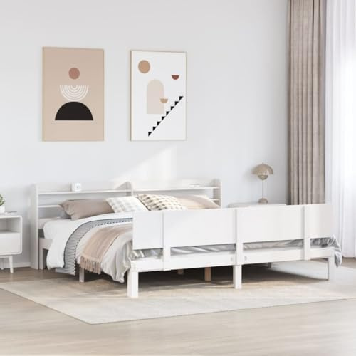 QJBSAVVA Weißes Holzbett 180x200 Kiefer massiv mit Kopfteil und Regal für 180 x 200 cm Matratze, freistehendes Jugendzimmer Schlafzimmer Doppelbett, 221,5 x 190 x 82 cm