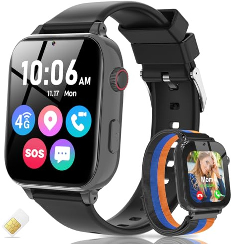 Yiphun 4G Kids Smart Watch with GPS Tracker, Video Call, Texting, and Phone Calls, Smart Watch for Kids with SIM Card, School Mode Alarm Clock SOS Alerts, Watch Gift for Age 4-12 Boys Girls, Black