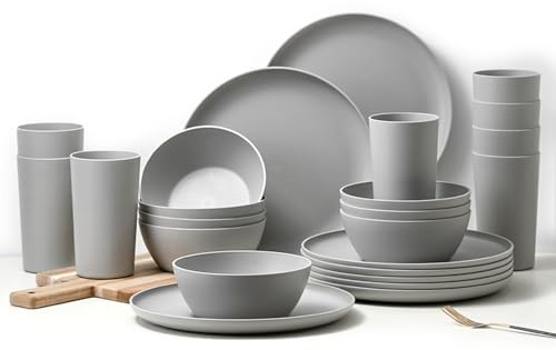 24 Piece Dinnerware Set, Unbreakable Plastic Plates Bowls Cups Set, BPA Free Reusable Tableware for Camping, Picnic, Home, Kitchen, Dishwasher Safe (Grey)