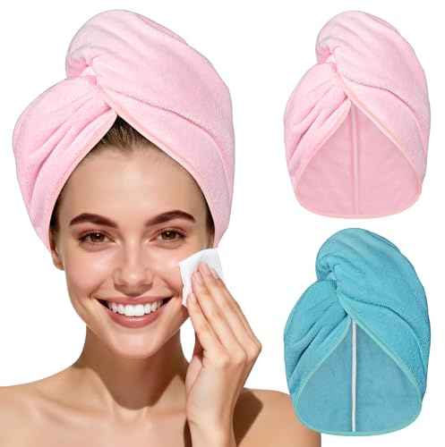 HOTUT Toalla Turbante para El Pelo Microfibra, 2PCS Cabello Turbante De Secado Rápido con Botón, Turbante De Lujo De Secado Rápido Anti-Encrespado, Antideslizante, Suave y Cómodo(Verde,Rosa)