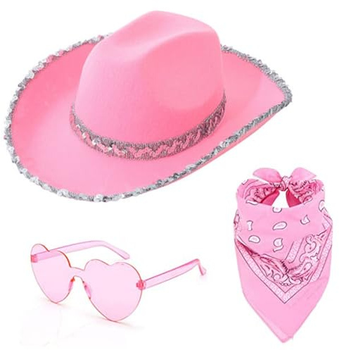 3-teiliges Cowboyhut Pink Damen Set mit Herzbrille und Schal, Cowboy Hut Pink, Cowgirl Kostüm Accessoires, Pinker Cowboyhut Damen Glitzer Westernhut Rosa Cowgirl Hut für Fasching, Karneval, Halloween