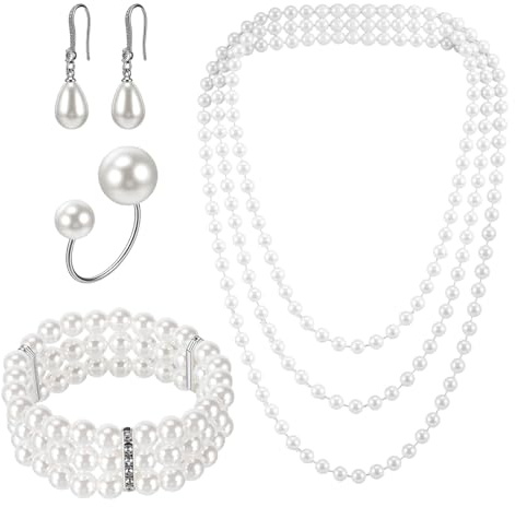 4 Stück Hochzeit Schmuckset für Braut Perlen Schmuck Set für Damen Perlenkette Langen Kunststoffperlen Ohrringen 3 Reihiges Stretch Perlenarmband 1920er-Jahre-Perlenschmuck-Set zum Party Hochzeit