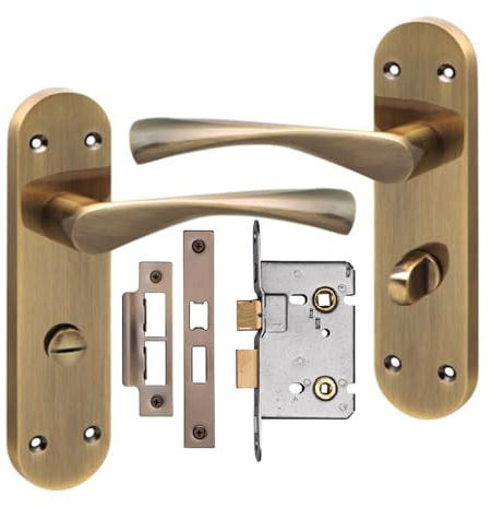 Golden Grace Astrid Bathroom Door Handles with Mortise Lock, Antique Brass | Includes spindles and fixing screws for quick installation, with a 182mm x 45mm backplate and scroll-style design.