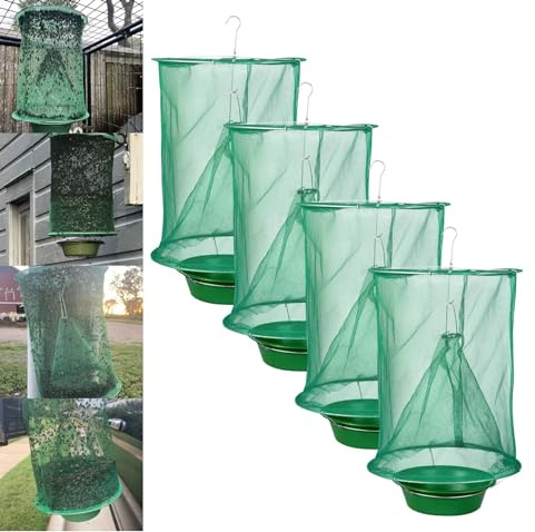 Lot de 4 pièges à mouches à suspendre d'extérieur – Attrape-mouches stable de ferme pour chevaux, tueurs réutilisables, cages en filet pour granges et vergers