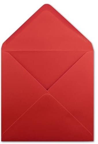 25 Fyrkantiga Röda Kuvert - 15,5 x 15,5 cm - Utan Fönster, 100 g/m² - Våtlim Med Spetsig Flik