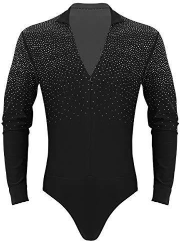 YOOJIA Hombre Camisa de Danza Latina Tango Body Baile Manga Larga Escote Cuello en V con Diamantes Brillante Traje de Bailarina Actuación Negro Medium