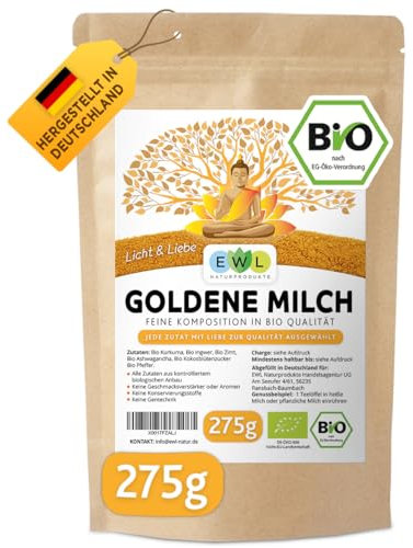 EWL Naturprodukte Bio Goldene Milch 275g, Golden Milk mit Kurkuma, Ingwer, Ashwaganda, Ceylon Zimt, Ceylon Pfeffer, Kokosblütenzucker