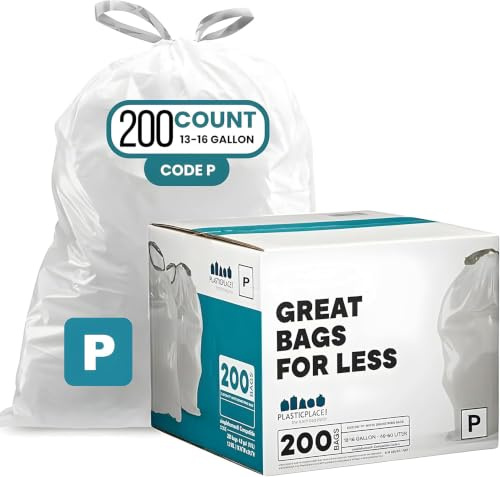 Plasticplace Bolsas de basura con cordón, compatibles con Simplehuman Code P, bolsas de basura blancas de 13-16 galones/50-60 litros, 23.5 x 31.5 pulgadas, (200 unidades)