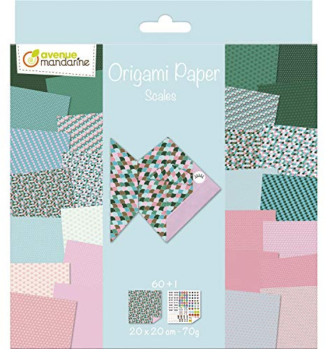 My Mandarine OR511C - Una confezione da 60 fogliorigami 20x20 cm 70G (30 motivi x 2 fogli ) + foglio di adesivi.''occhi'',a partire dai 7 anni - scaglie