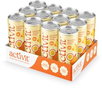 Activit Sparkling Flavoured Vitamin Water Mango, Pineapple & Passionfruit Cans with B Vitamins B5, B6, B9, B12, Vitamin C, Vitamin D, Zinc & Magnesium Zero Sugar 12x 330ml