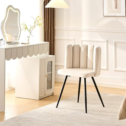 CLIPOP Velvet Dressing Table Chair with Padded Back and Metal Legs, Cream Makeup Vanity Chair for Bedroom Living Room Kitchen Dining Room