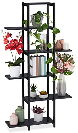 Relaxdays Étagère à Plantes, escalier Fleurs, 6 Niveaux, HLP 150 x 78 x 24 cm, Acier MDF, Support intérieur, Noir