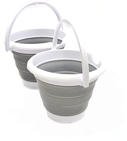 SAMMART 5L zusammenklappbarer Kunststoffeimer – Faltbare runde Wanne – tragbarer Wassereimer zum Angeln – platzsparender Wassertopf für den Außenbereich (Weiß/Grau (2er-Set))