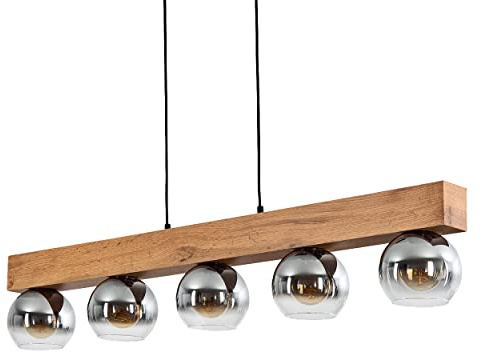 HOFSTEIN Pendelleuchte Vouhet, moderne Pendellampe aus Metall/MDF/Glas in Schwarz/Holzoptik/Braun/Chromfarben, Leuchte mit Höhe max. 122,5 cm, 5-flammig, 5 x E27, ohne Leuchtmittel