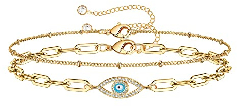 TINGN Geschichtete Böses Auge Armbänder für Damen Schmuck, 14 Karat Gold Gefüllte Geschichtet Perlenketten Armband Büroklammer Kette Evil Eye Armbänder für Frauen(Zirkonia Böser Blick & Gliederkette)