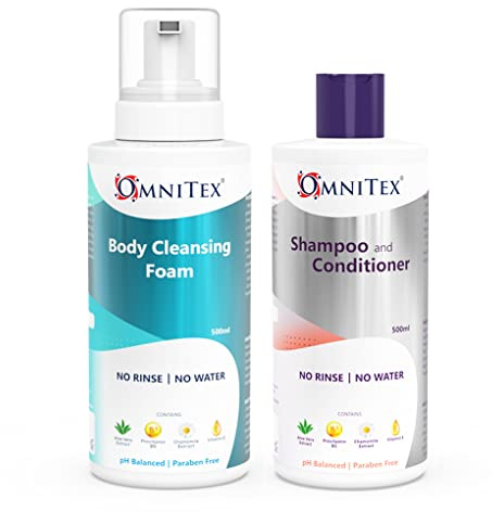 Omnitex Combo Pack - Rinse Free Shampoo & Body Cleansing Foam 500ml | With Herbal Oils & Vitamins | No Water - No Rinse Body Wash | Clean, Nourish, Protect | No Parabens, Latex & Alcohol Free