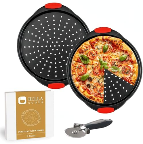 12 Inch Pizza Crisper Pan Set of 2 Non-Stick Perforated Pizza Tray for Crispy Crust, Heat-Resistant Carbon Steel Pizza Baking Pans, Dishwasher Safe Pizza Oven Trays for Even Heating & Air Circulation