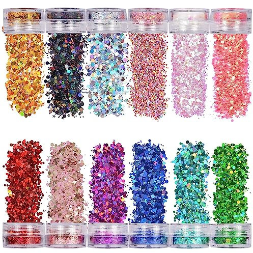 HAPPMY Festival Glitzer Gesicht für Festliche Verkleidungen, 12 Farb-Set Body Glitter für Nagelkunst und Körper, Haare, Kleidungsdekoration, Feminine Make Up Pailletten und Zubehör, 12 Farben