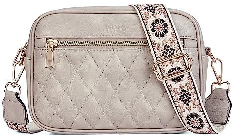 Telena Damen Handy Umhängetasche, Crossbody Bag mit verstellbarem Breiter Gurt, PU Leder Gesteppte Umhängetasche für Damen