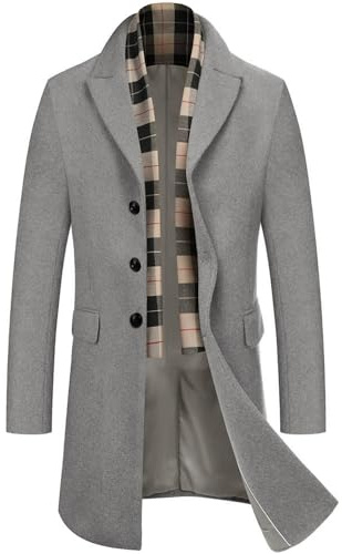 COOFANDY Herren Mantel mit Abnehmbaren Schal Wintermantel | Einreihiger Kurzmantel Business Trenchcoat Warme Winterjacke Overcoat