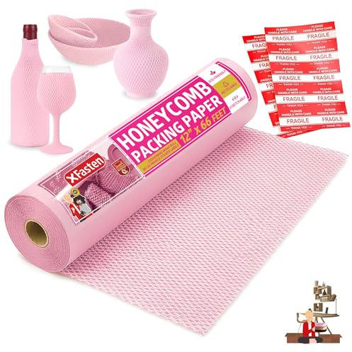 Pink Honeycomb Packing Paper for Moving 12-Inch x 66-Feet Bubble Honeycomb Wrap, Honeycomb Wrapping Paper for Packing Cushion with 20 Fragile Stickers Packing Supplies by XFasten