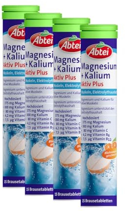 Abtei Magnesium + Kalium Aktiv Plus - Nahrungsergänzung für die Muskeln und den Elektrolythaushalt - hochdosiert - Blutorange-Geschmack - 1 x 15 Brausetabletten (Packung mit 4)