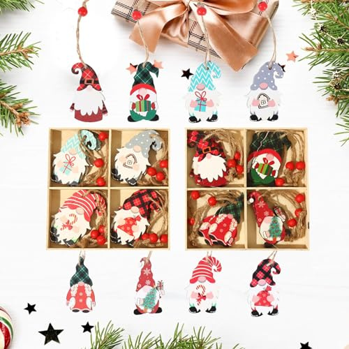 24 Stück Holz Weihnachtsbaumanhänger,Weihnachtsanhänger Wichtel Set Kleine Weihnachtsanhänger Weihnachtswichtel Anhänger Christbaumschmuck Holz Weihnachtsanhänger Mit Hanfseil