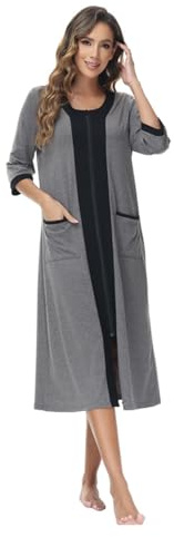 Alunsito House Dresses for Womens Robe Long Zip Up Housecoat Half Sleeve Nightgowns Comfy Fall Winter Loungewear Large Grey