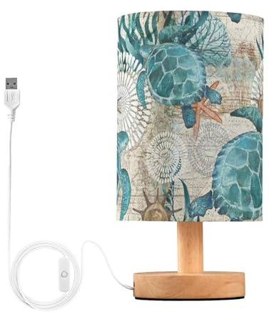 litebear Small Table Lamp for Bedroom - Bedside Lamps for Nightstand, Sea Ocean Turtle Teal Round Fabric Shade, Desk Reading Lamp for Kids Room Living Room Office Dorm
