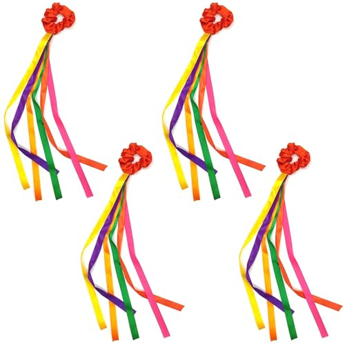 Niuhong 4 Pcs Rubans Arc-En-Ciel Banderole Danse Colorée Groupes Danse Rainbow Band Bande Gymnastique Colorée Avec Anneau Cheveux Poignet Gymnastique Dansante Jonglerie Activités Fête Cadeau Filles