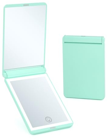 Meichoon Specchio da trucco tascabile quadrato da donna, con ingrandimento 2x, 16 luci LED, per cosmetici, pieghevole, portatile, compatto, UK22, verde
