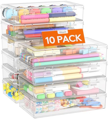 Lifewit Astuccio Colorato con Coperchio Impermeabile, Scatole Plastica, Materiale Scolastico, Organizzatore Impilabile, Astuccio Trasparente per Cancelleria, Forniture per Ufficio, 20 x 12 cm,10 Pezzi