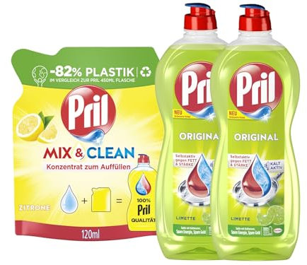 PRIL-Set 1x Original Konzentrat Mix & Clean Zitrone (1x 120ml) & 2x Original Limette (2x 675ml), Handgeschirrspülmittel-Set mit höchster Fettlösekraft, für sauberes Geschirr