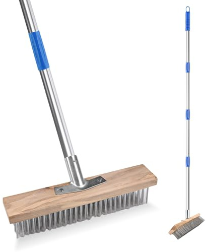 Balai Métallique Robuste avec Manche Télescopique 150cm, Brosse Net Joint avec Manche Amovible,Balai à Récurer pour Patio, Terrasse et Jardin 30cm