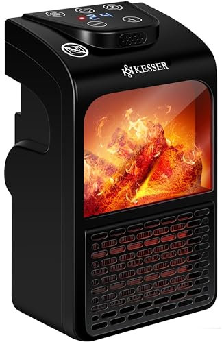KESSER® Steckdosen Heizlüfter Energiesparend Mini mit Kaminfeuereffekt Fernbedienung LCD Display Keramik Heizung mit Thermostat 400W - Temperaturregelung Timer Büro Badezimmer Schlafzimmer