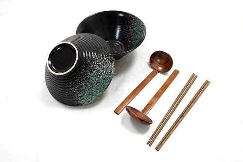 Tableware Stoneware Ramen Bowl Set 2 - Japanese Noodles Bowls Dinner Sets for Pasta Soup Pho Mixing Salad Dishes with Wooden Spoons & Chopsticks Kit 1000 Ml | M&W