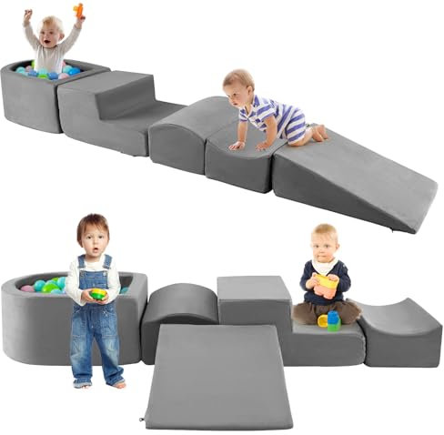 HOMFME Parcours Motricité Enfant avec Piscine à Balles, Aire de Jeux en Mousse Haute Densité 5 Pièces, Jeux d’Escalade et d’Activités pour Intérieur, Idéal pour Salle de Chambre (Gris)