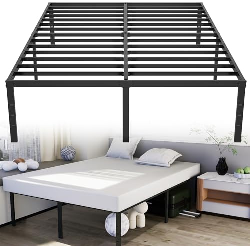 Suusolny Schwarz Bettrahmen Metallbett Modern Bettgestell 140 x 200 cm aus Metall Stahllatten Jugendbett 41.5cm Höhe mit Stauraum unter dem Bett Einzelbett Plattformbett