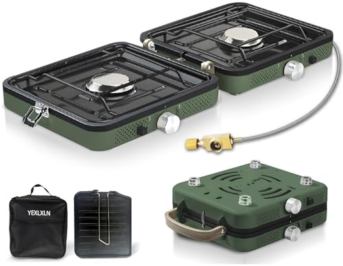 Fiutazge 2-in-1-Gascampingherd, Campingkocher mit Grillplatte & Tragetasche, Gaskocher 2 Flammig mit Piezo-Zündung, Collapsible & Tragbare für Camping, Wandern & Notfall-Kochkocher