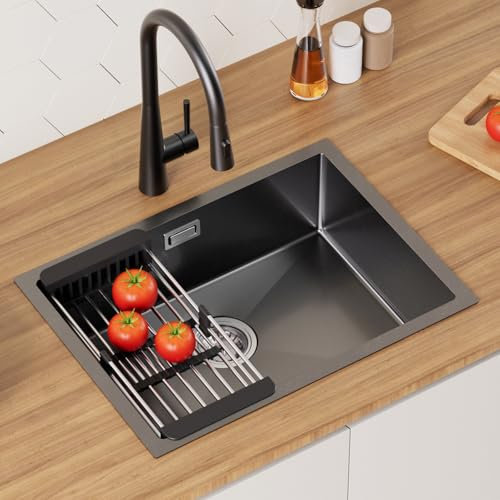 CECIPA Lavandino Cucina Nero Antracite 60x44cm, Lavello Cucina 1 Vasca in Acciaio Inox, Lavabo Cucina Moderno Con l'Ultimo Sifone e Troppopieno, Lavelli da Cucina