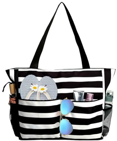 yisight Borsa Mare Donna Grande, Borsa Spiaggia Donna Impermeabile con Zip & Multicomparto, Pieghevole Leggera Beach Tote Bag per Spiaggia, Viaggio, Vacanza, Piscina (nero)