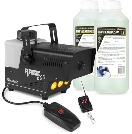 BeamZ Rage 600LED Pack Machine à Fumée 600 Watts avec 2L de Liquide, LEDs couleur ambre, Réservoir 500 mL, Design Unique, Télécommande et Filaire 3m, Etrier de Montage, Idéal pour une Soirée de 30 m²