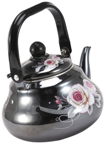 HOLIDYOYO Bollitore Retrò Smaltato 2l Motivo Rosa, Teiera da Fornello per Piani a Induzione, Resistente al Calore, per Preparazione Tè e Vin Brulé in Casa