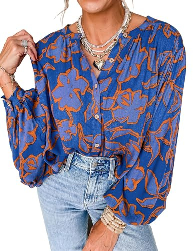 PRETTYGARDEN Women's Floral Button Down Blouse 2026 Fall Fashion Dressy Casual Long Sleeve Shirts Spring Top Boho Clothes (Blue,Large)