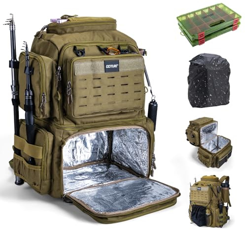 Goture Angelrucksack mit 2 Angelboxen, 53L 600D wasserabweisender Angelrucksack mit Kühler, Rutenhalter, 8 Ködertaschen, Regenschutz, große Angeltasche, Aufbewahrung, Ausrüstungstasche für Camping